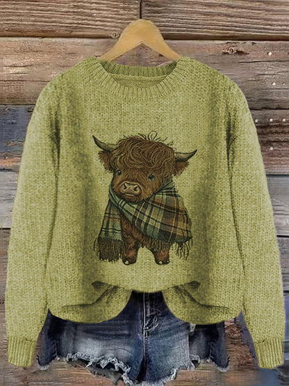 Women's Crew Neck Highland Cow Graphic Pullover Sweater