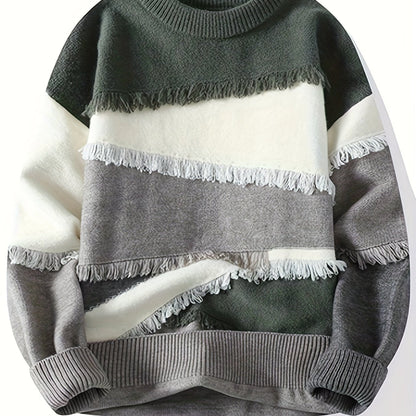 Pull Homme Col Rond Color Block à Franges Tricoté Décontracté