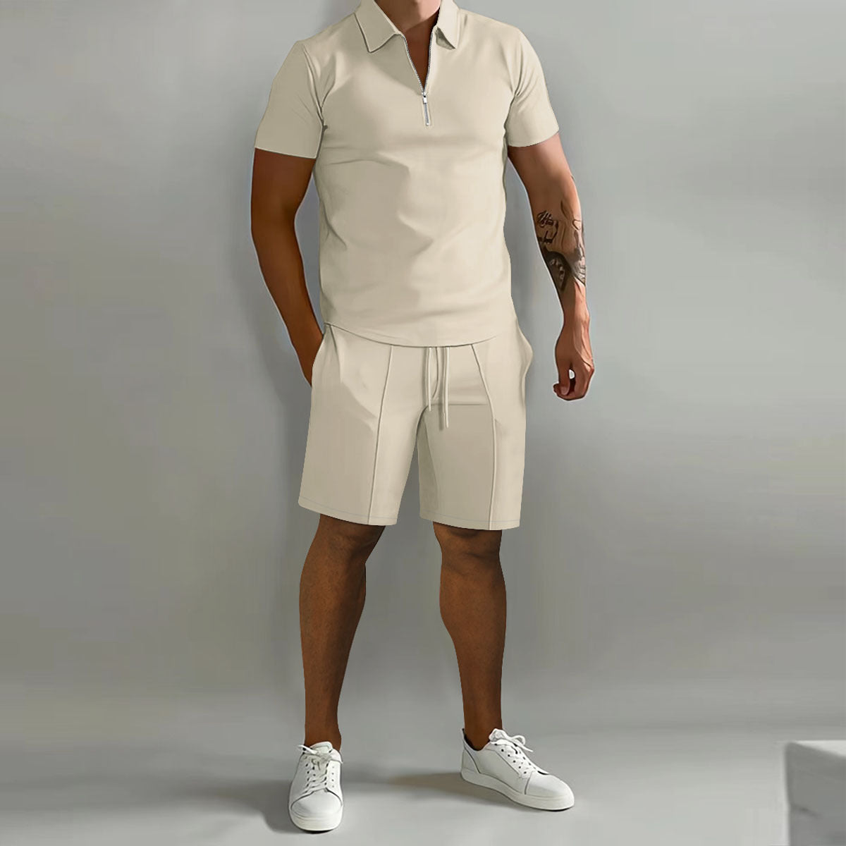 Ensemble décontracté pour homme à manches courtes avec fermeture éclair, idéal pour l'été, style moderne et confortable