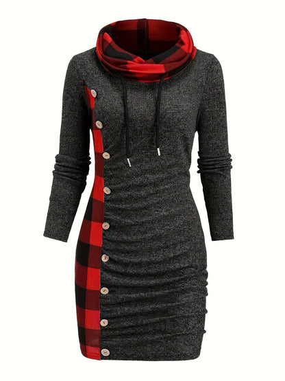 Robe Pull Courte Femme avec Col Cheminée et Motif Carreaux Bicolores