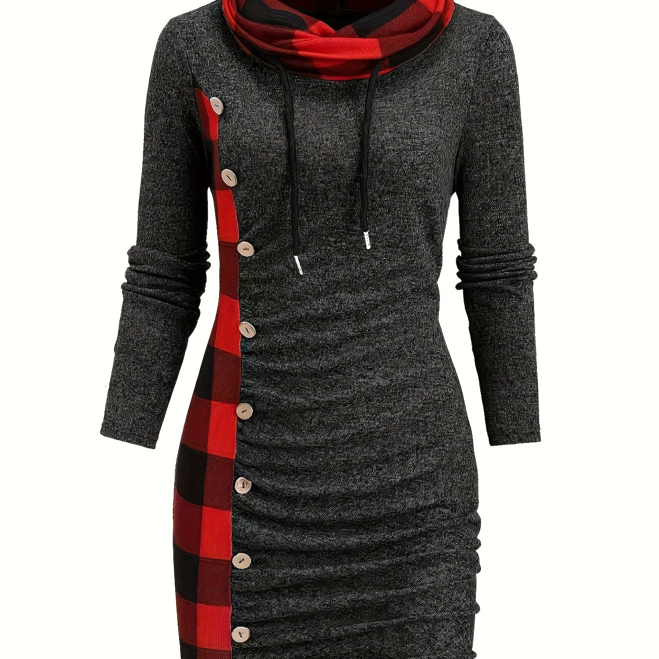 Robe Pull Courte Femme avec Col Cheminée et Motif Carreaux Bicolores