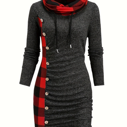 Robe Pull Courte Femme avec Col Cheminée et Motif Carreaux Bicolores