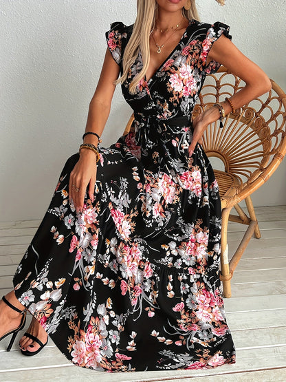 Langes Wickelkleid mit Blumenmuster im Urlaubsstil für Damen  