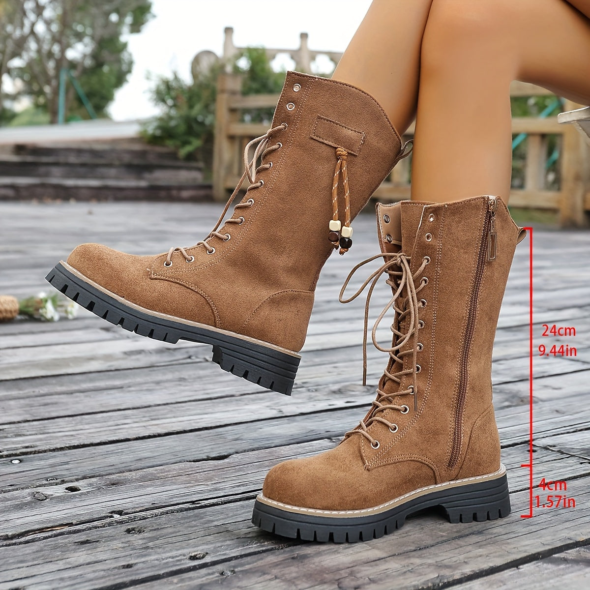Bottes hautes camel lacées avec fermeture éclair latérale et semelle crantée pour femme