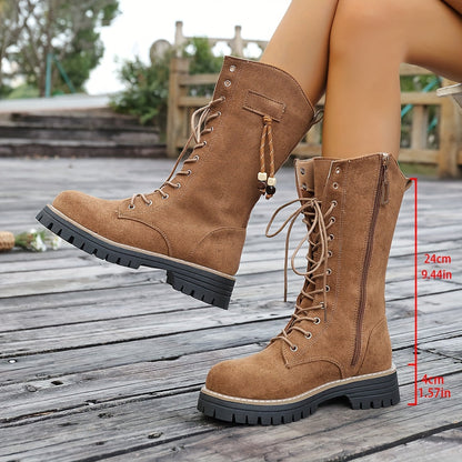 Bottes hautes camel lacées avec fermeture éclair latérale et semelle crantée pour femme