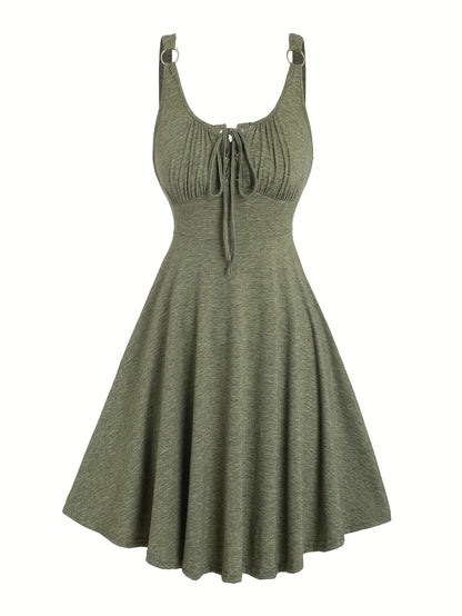 Lässiges Damenkleid mit Ausschnitt und Ösen-Trägern, ausgestellter Frühling-Sommer-Stil  