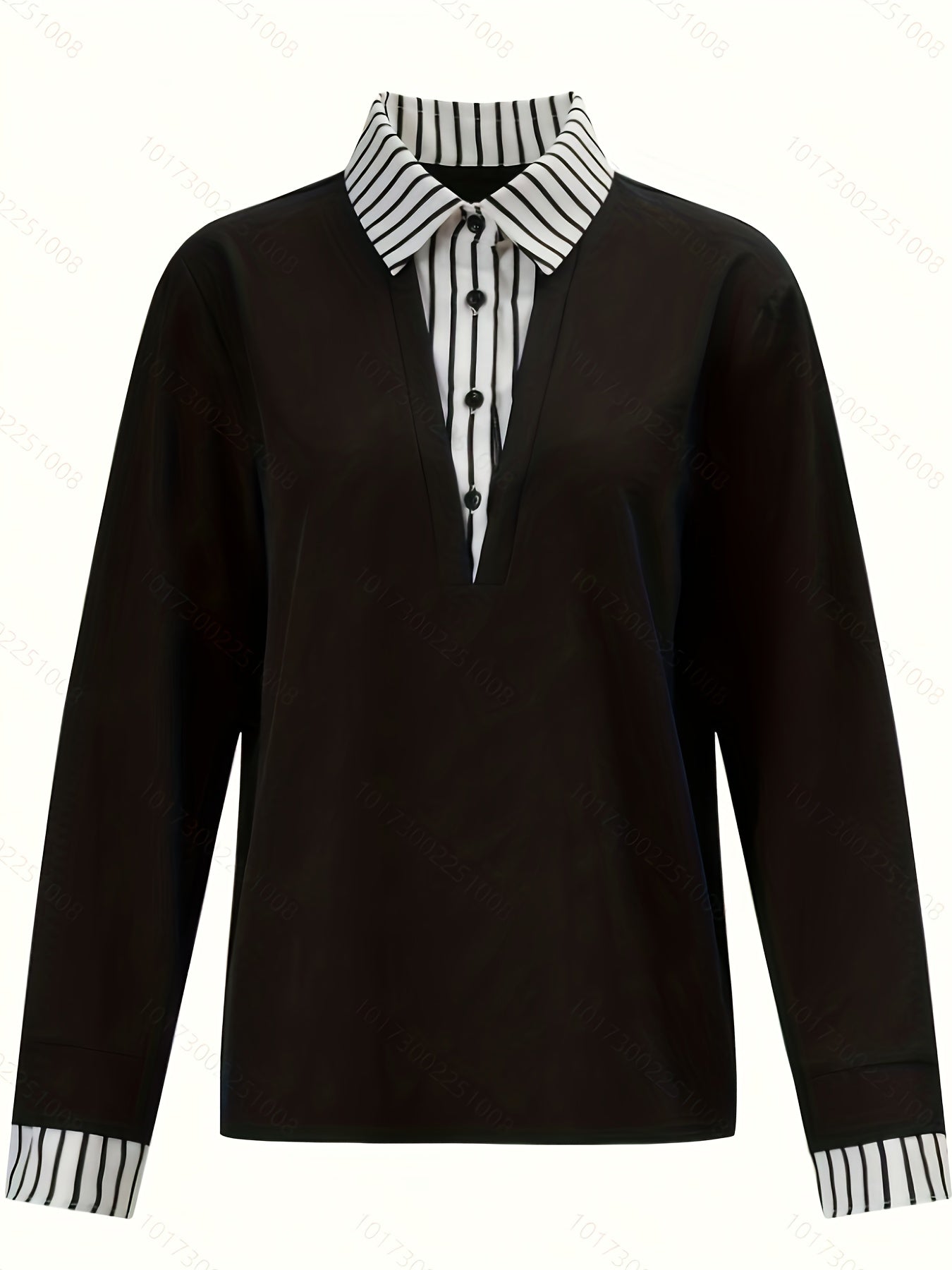 T-shirt Femme Col Chemise Rayé Manches Longues Faux Deux Pièces