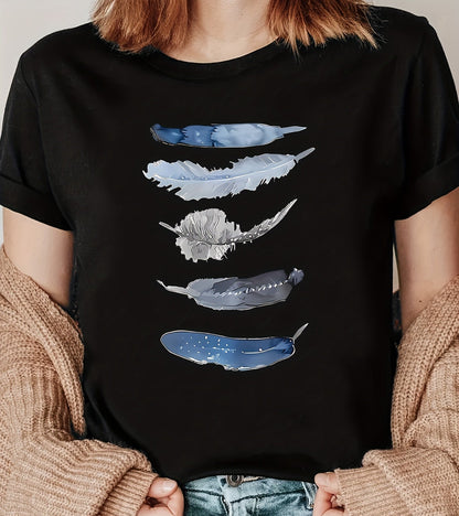 T-shirt Femme Style Décontracté avec Motif Plumes Artisitique – Idéal Pour le Printemps et l'Été