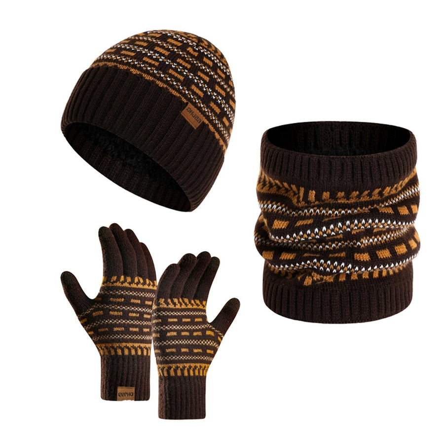 Gestricktes Winterset aus Mütze, Schal, Schlauchschal und Handschuhen mit grauem Muster
