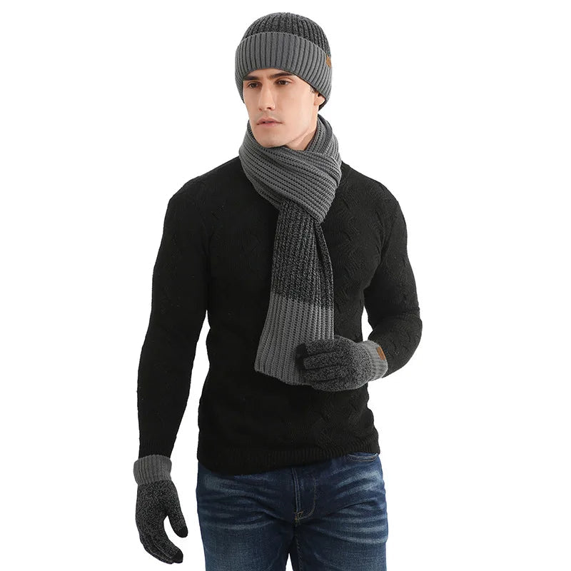 Men's winter beanie and scarf set, two-tone burgundy ribbed knit