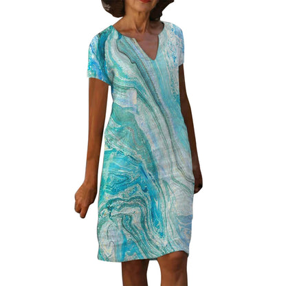 Vestido de verano casual para mujer estilo bohemio con estampado de hojas y mármol
