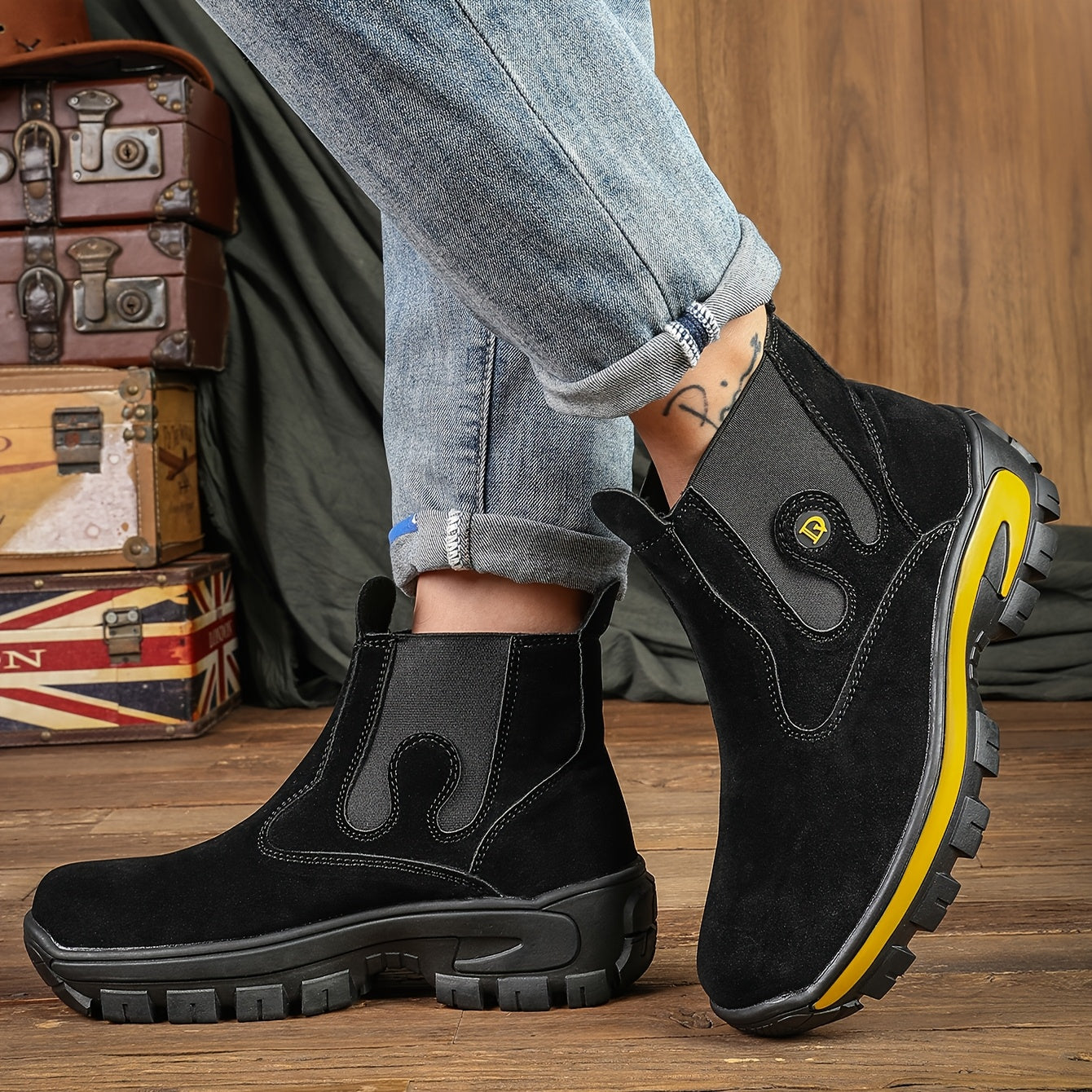 Bottes Chelsea Homme Robustes Semelle Crantée Jaune Noir