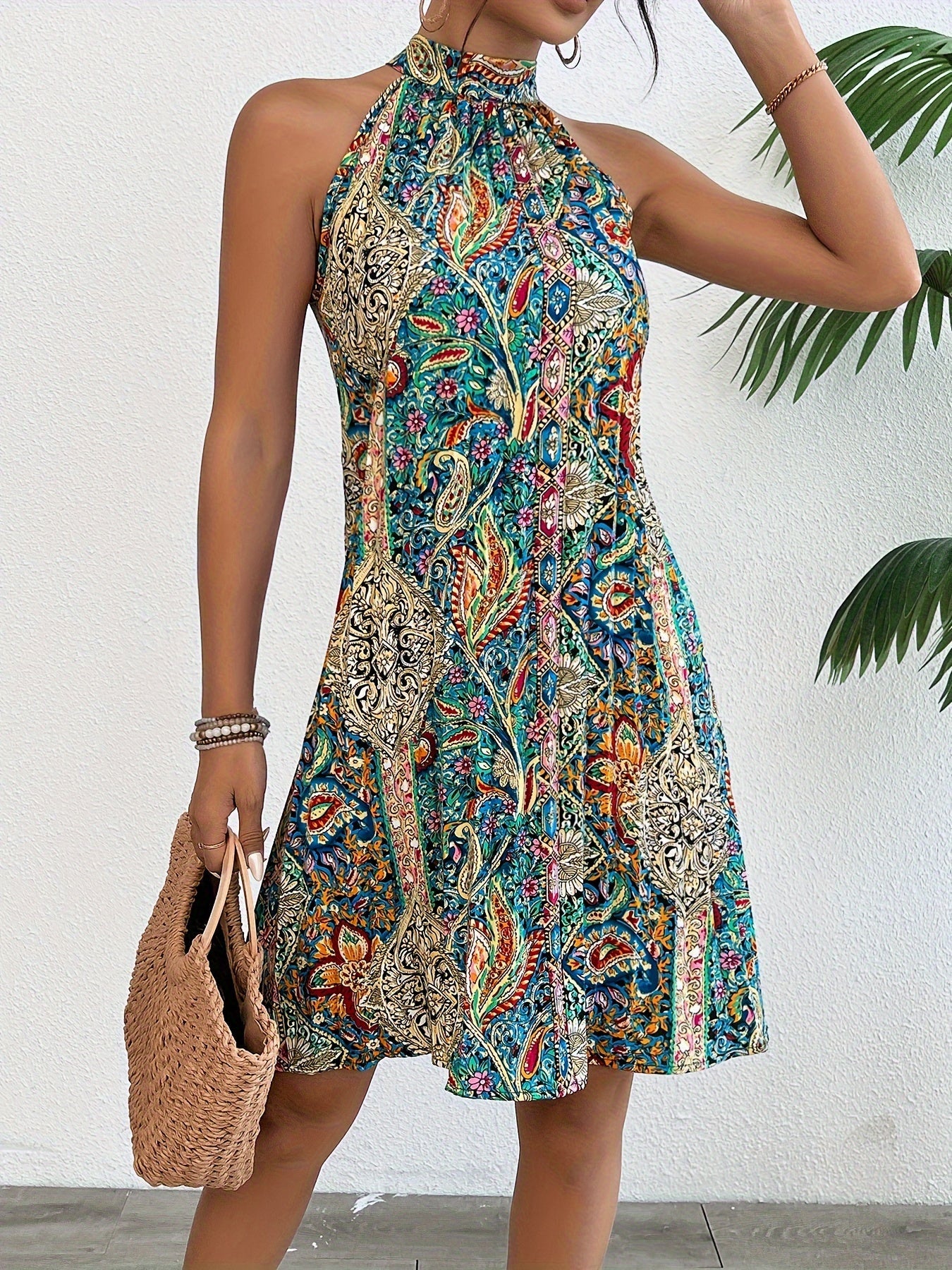 Robe femme élégante style tunique à col halter imprimé géométrique d'été