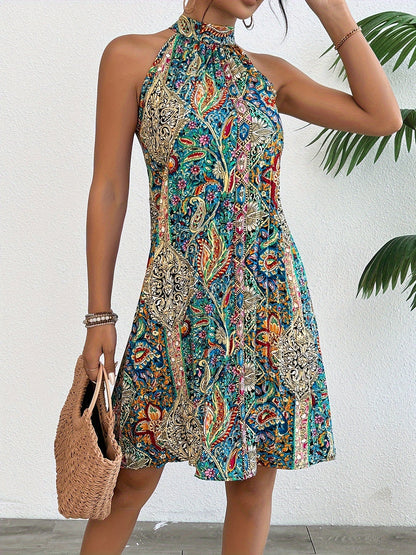 Robe femme élégante style tunique à col halter imprimé géométrique d'été