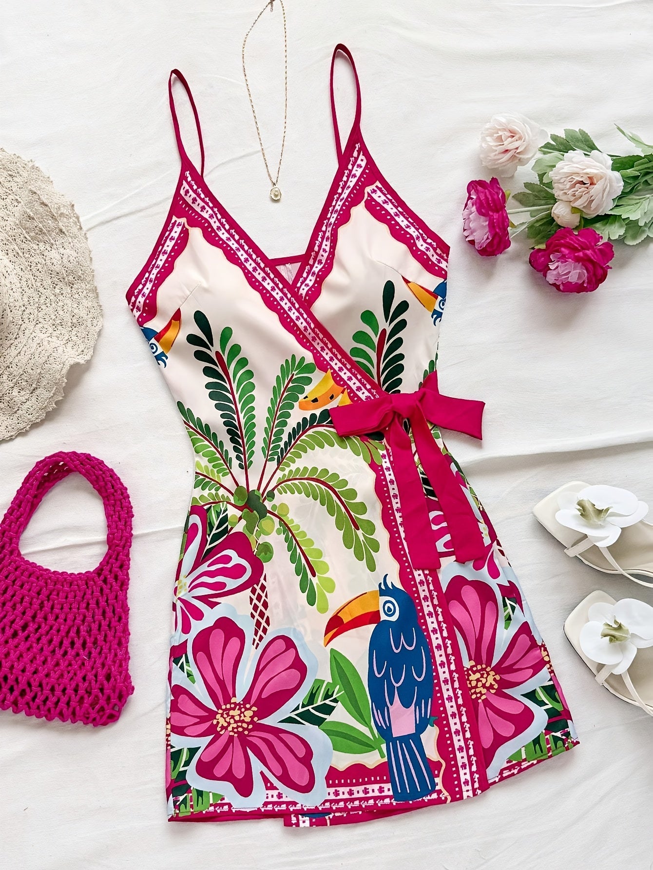 Abito portefeuille tropicale donna stile vacanze con stampa floreale e pappagallo