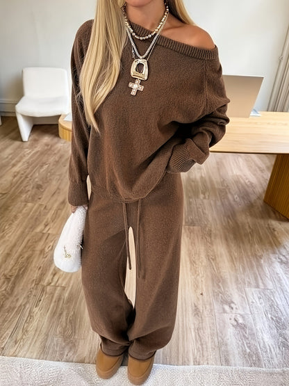 Ensemble Femme Pull et Pantalon Large Marron Tricot Décontracté Manches Longues Col Rond