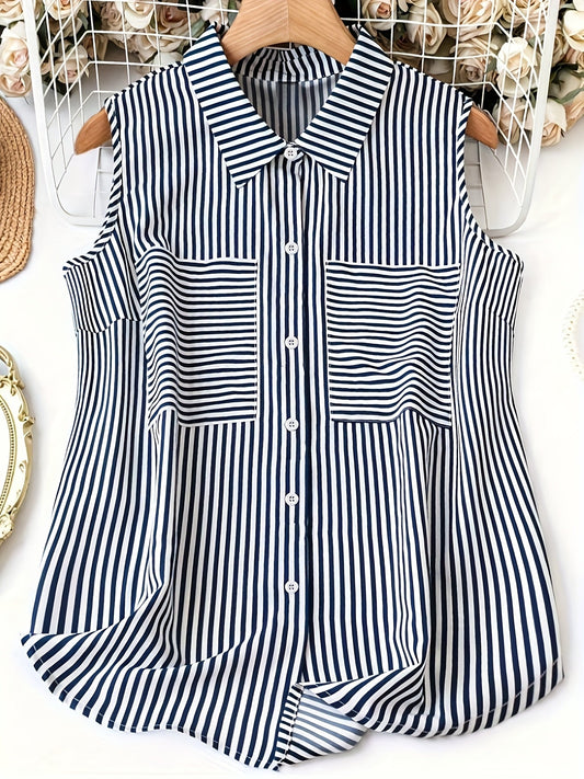 Ærmeløs polo-inspireret stribet bluse til kvinder - Elegant og afslappet, ideel til sommer