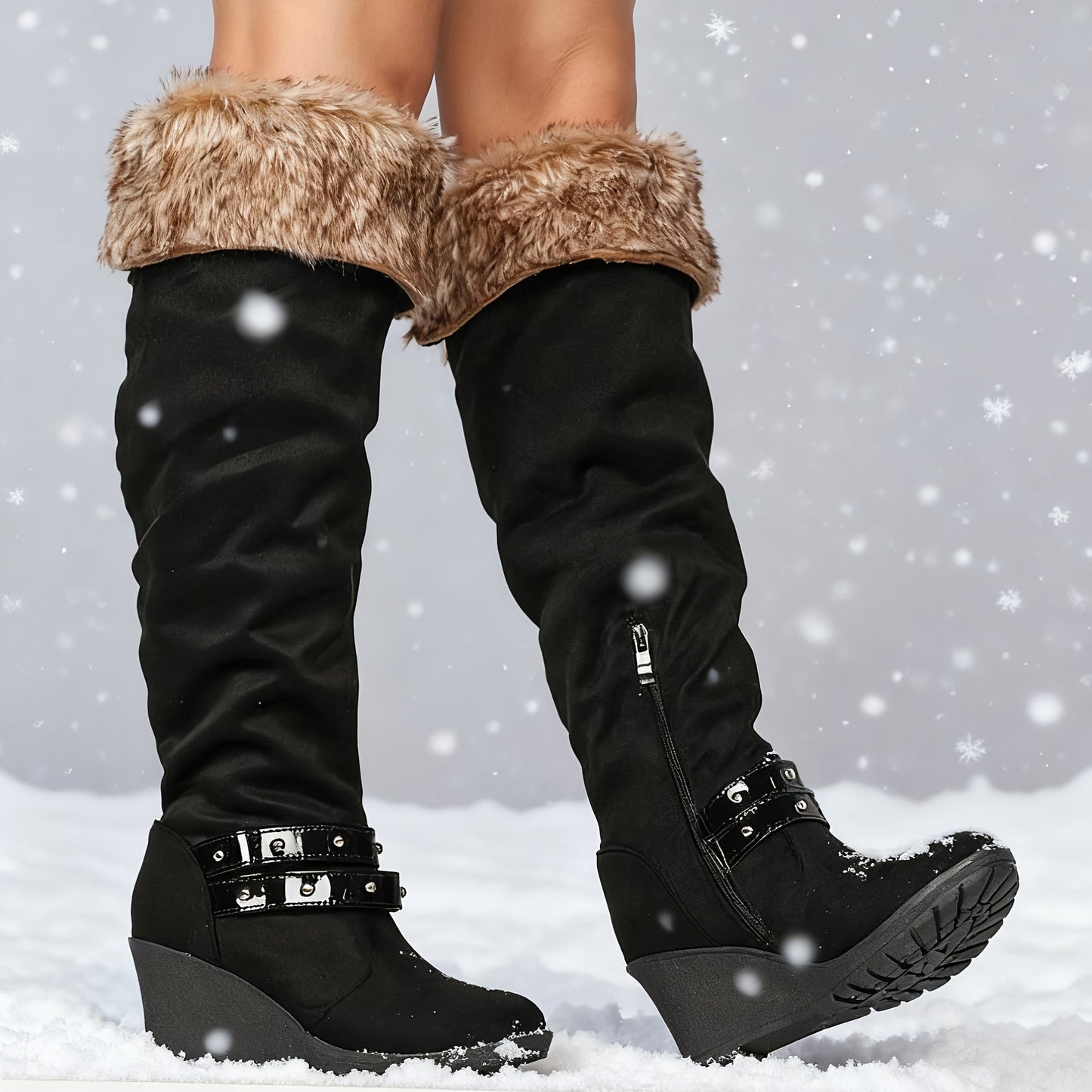 Bottes hautes femme à talon compensé et bordure fausse fourrure - Noir ou Beige