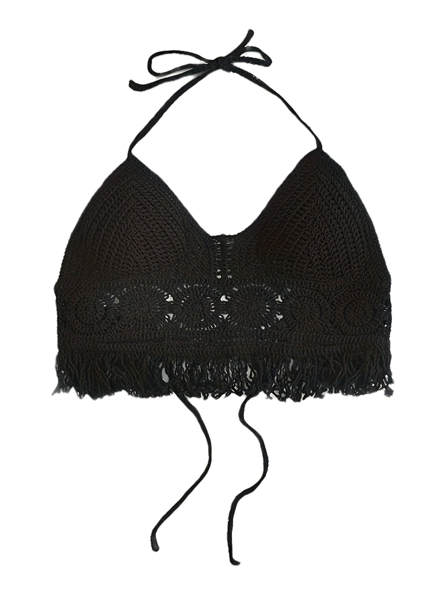 Top corto bohemio para atar para mujer estilo festival con detalles calados y flecos