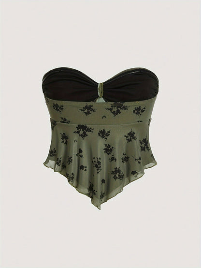 Top bustier femme élégant à fleurs volantées pour sorties et soirées