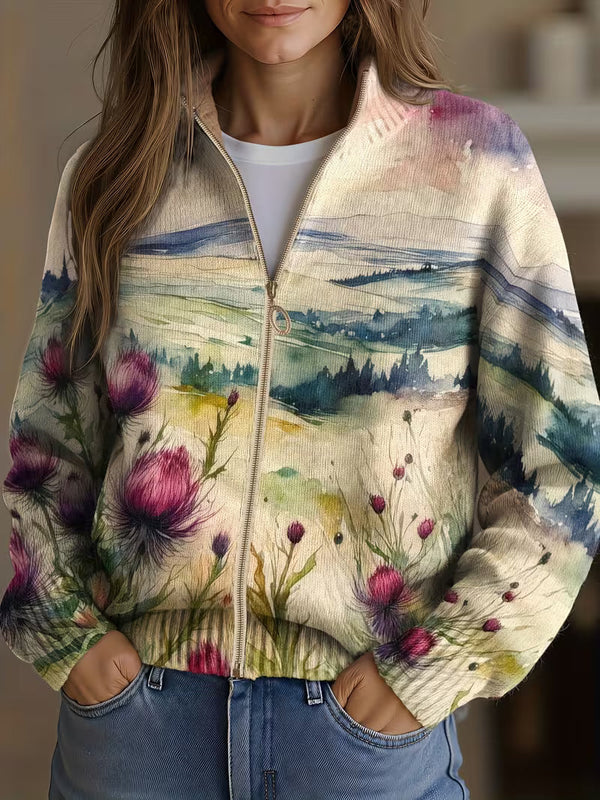 Giacca da donna con chiusura a zip, collo alto e motivo con paesaggio e cardi ad acquerello