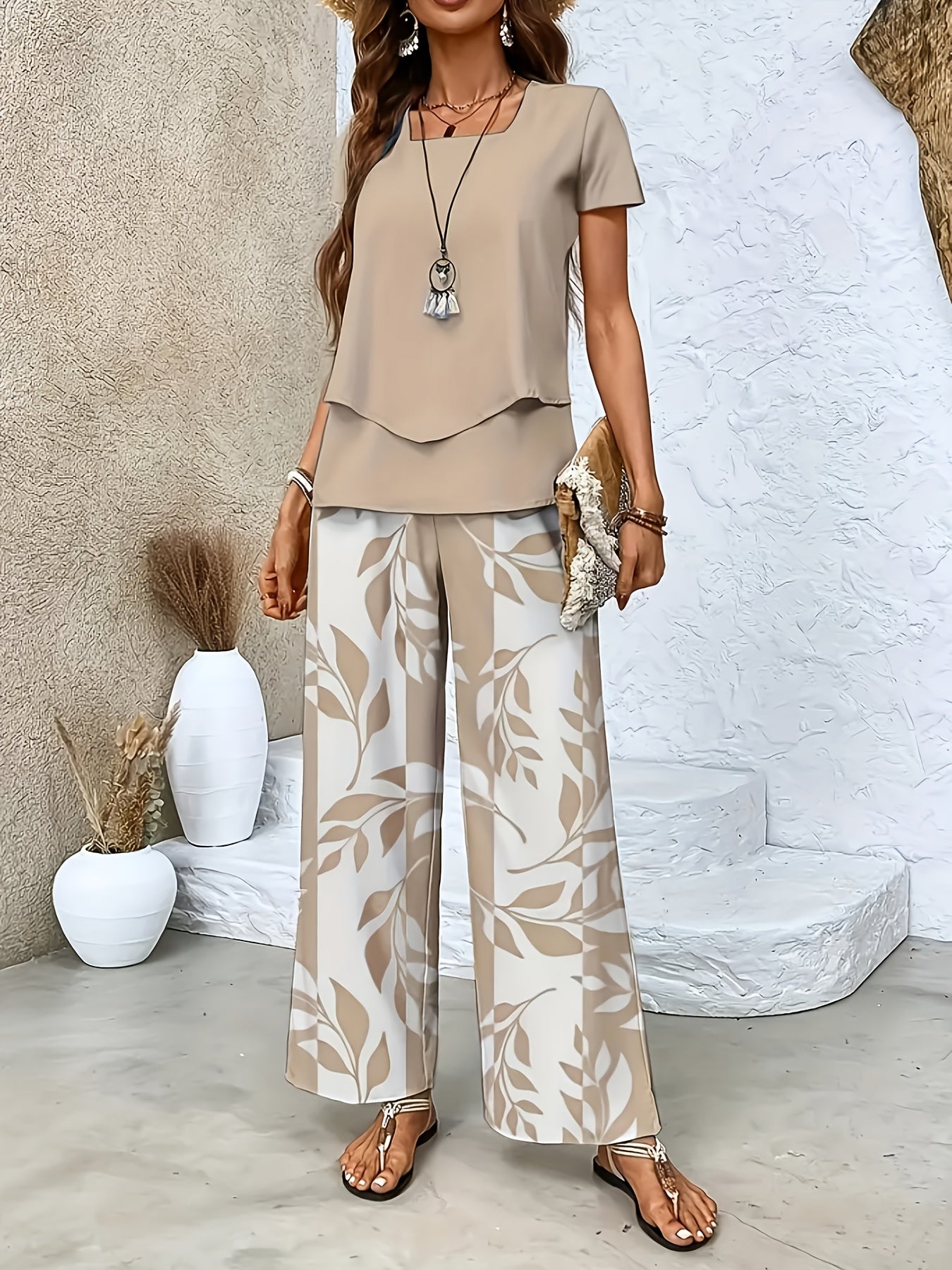 Ensemble élégant pour femme à manches courtes style décontracté chic avec pantalon large imprimé floral