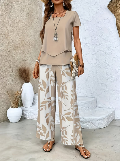 Ensemble élégant pour femme à manches courtes style décontracté chic avec pantalon large imprimé floral