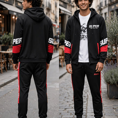 Ensemble Homme Sportif Noir avec Capuche et Bandes Latérales