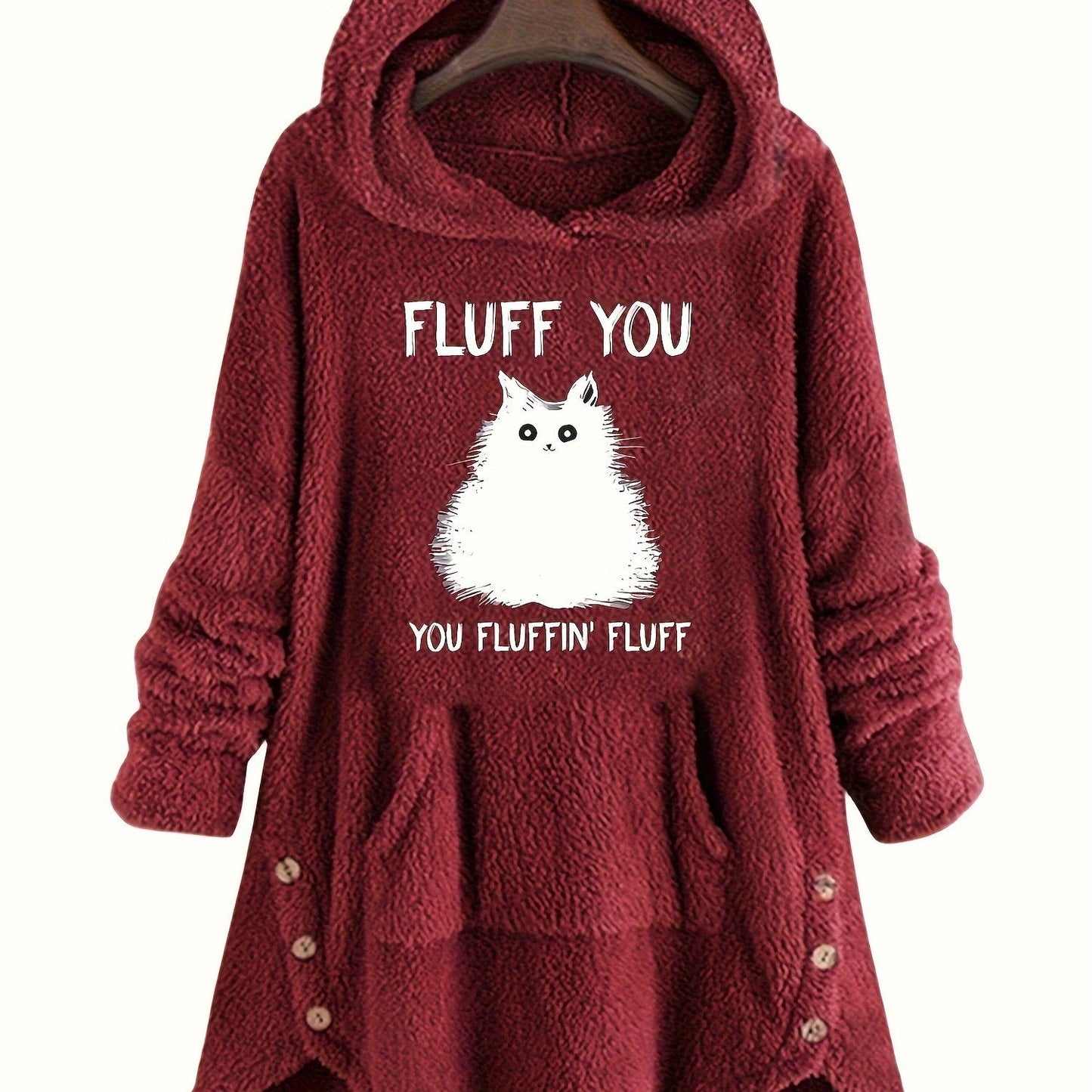 Pull à Capuche Teddy Femme Motif Chat "Fluff You" Rouge Bordeaux avec Oreilles