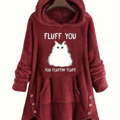 Pull à Capuche Teddy Femme Motif Chat "Fluff You" Rouge Bordeaux avec Oreilles