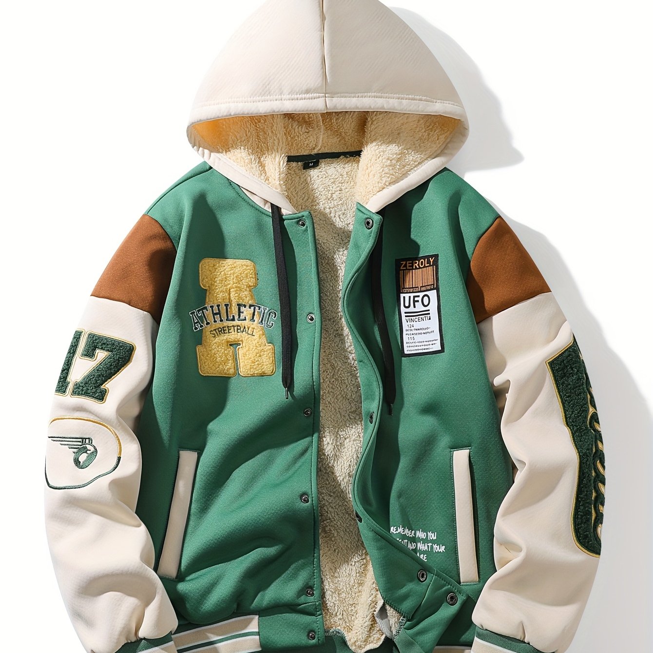 Blouson Teddy Homme Vert et Crème Doublé Capuche Style Universitaire