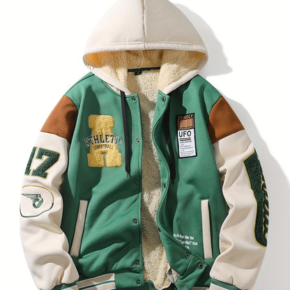 Blouson Teddy Homme Vert et Crème Doublé Capuche Style Universitaire