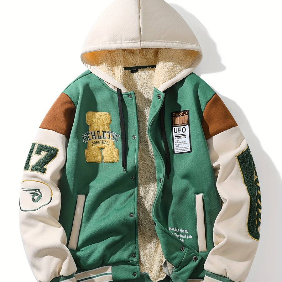 Groene en crèmekleurige teddy varsityjas voor heren met voering en capuchon