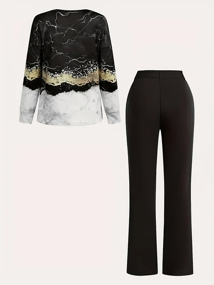 Haut à motif géométrique et pantalon large femme style décontracté pour printemps et été