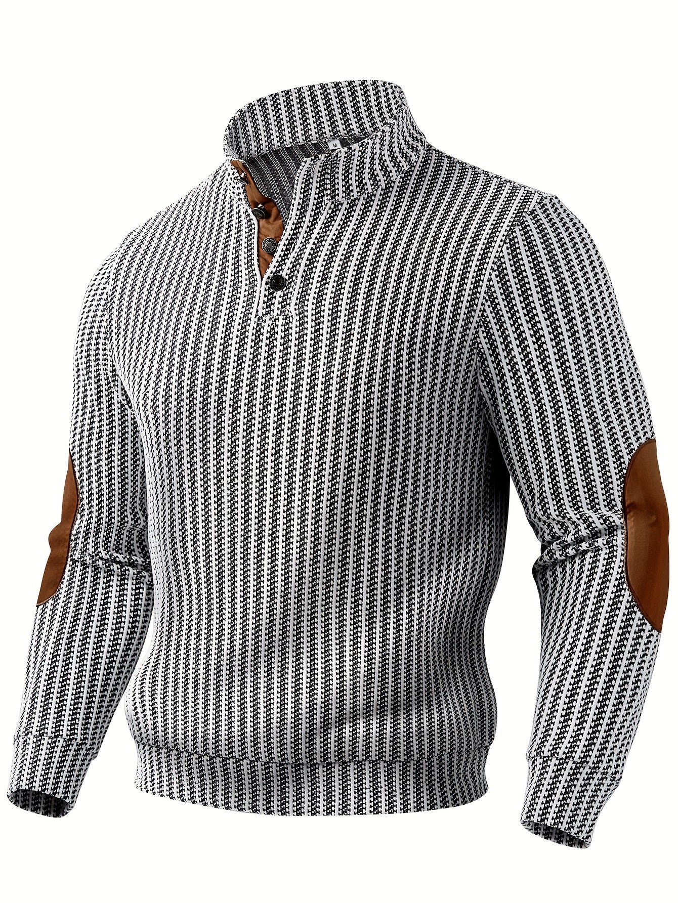 Pull homme à col montant boutonnable, motif tissé et empiècements aux coudes