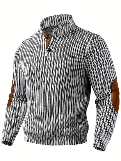 Pull homme à col montant boutonnable, motif tissé et empiècements aux coudes