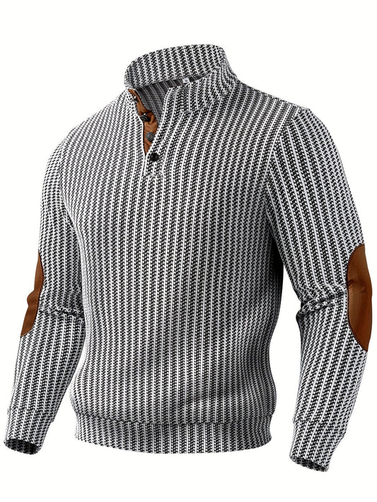 Pull homme à col montant boutonnable, motif tissé et empiècements aux coudes