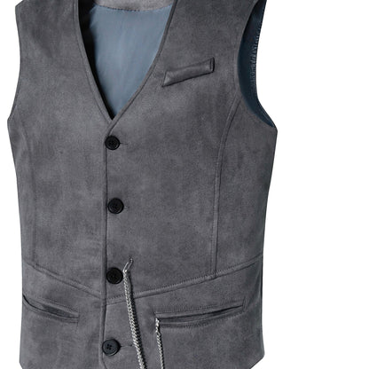 Gilet de Costume Homme Uni Col en V Décoration Chaîne Boutons