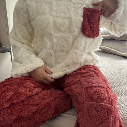 Pyjama Femme Doux Bicolore Motif Cœurs avec Poche Poitrine