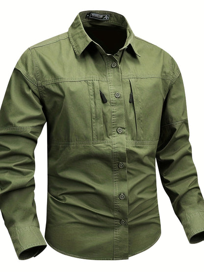 Chemise Homme Boutonnée Manches Longues à Poches Zippées Style Cargo Militaire