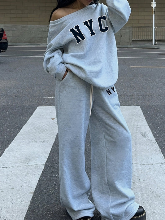 Ensemble survêtement femme gris clair décontracté avec impression NYC