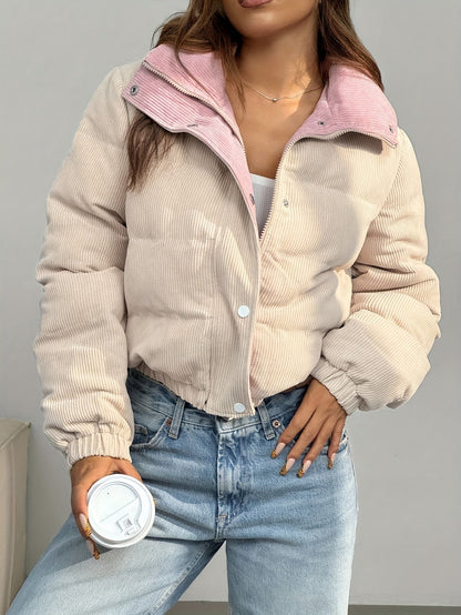 Doudoune courte femme côtelée réversible beige et rose clair avec col montant
