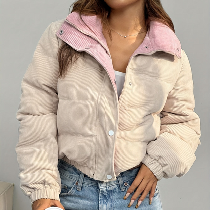 Doudoune courte femme côtelée réversible beige et rose clair avec col montant