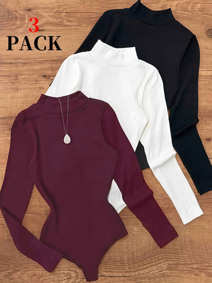 Body Femme Col Roulé Manches Longues Uni Élastique Moulant