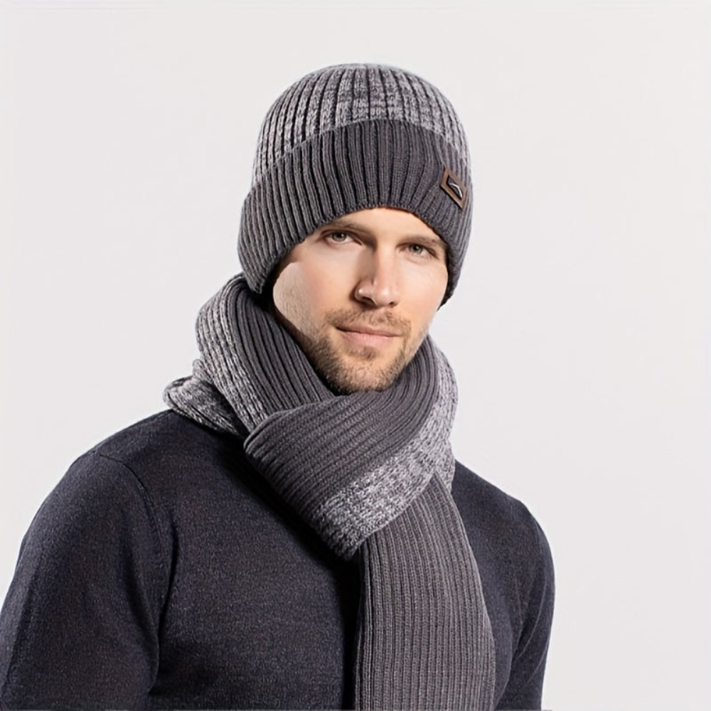 Ensemble hiver bonnet écharpe gants gris chiné tricot doublé polaire pour homme