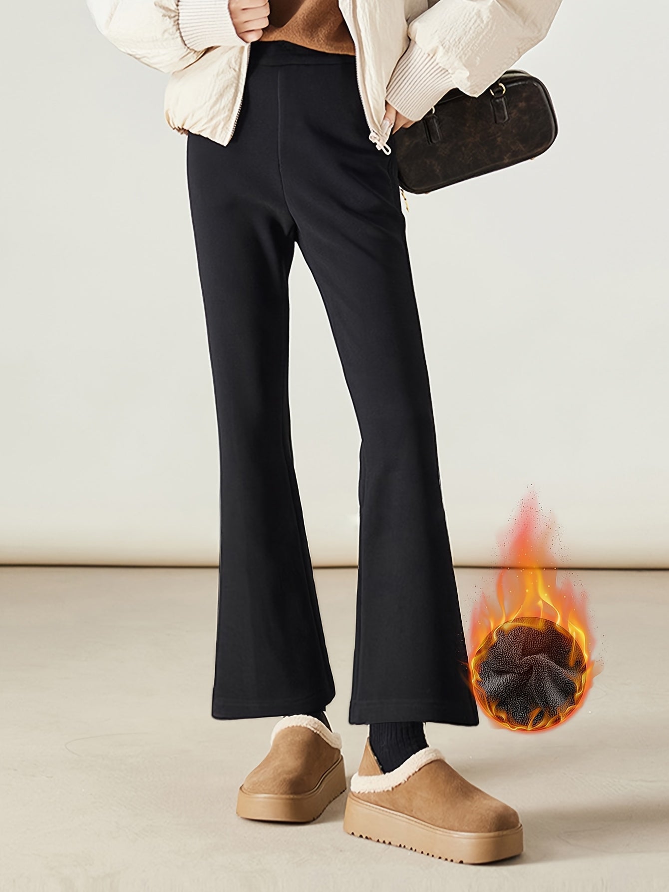 Pantalon évasé femme noir doublé chaud intérieur polaire