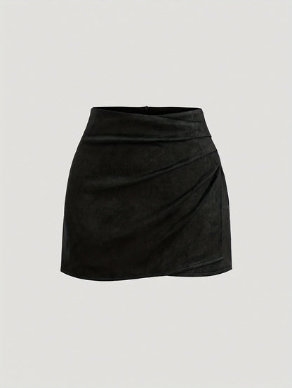 Mini-jupe plissée femme effet suédine marron foncé, camel et noir