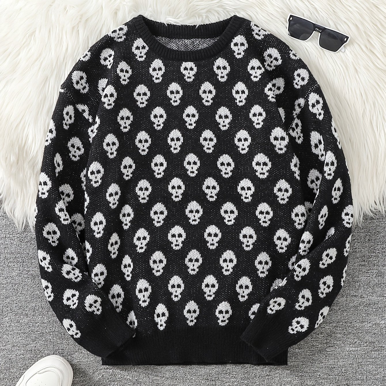Pull col rond à motif têtes de mort en tricot doux