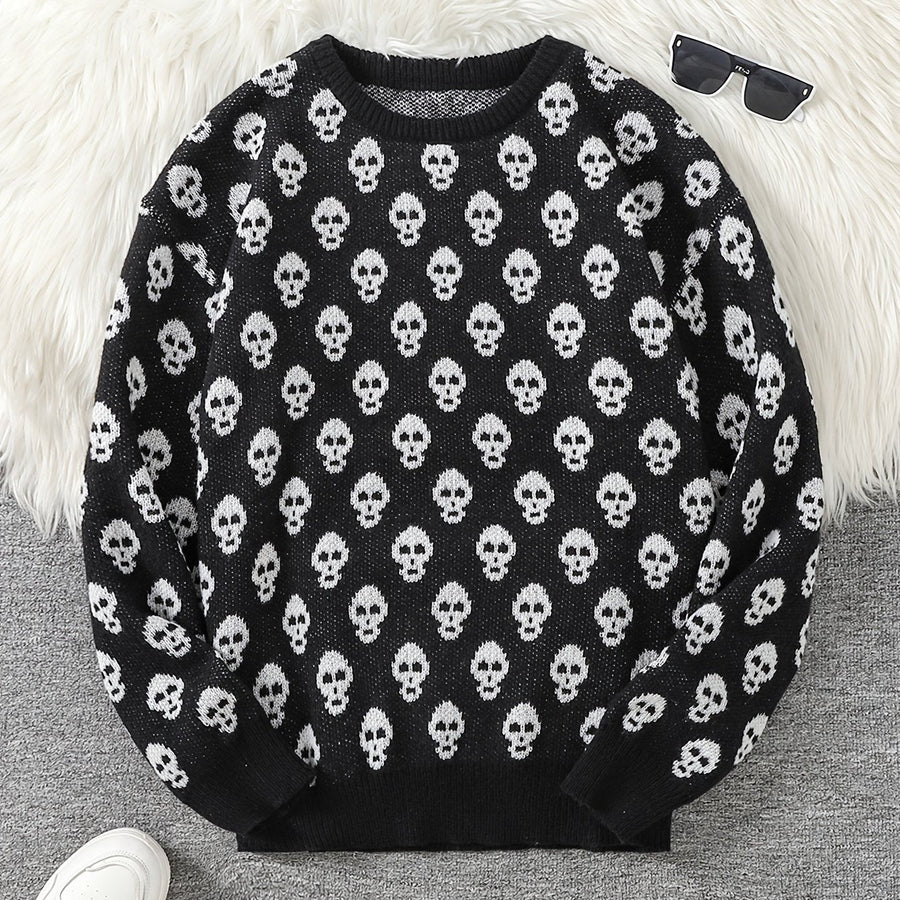 Weicher Rundhalspullover mit Totenkopfstrickmuster