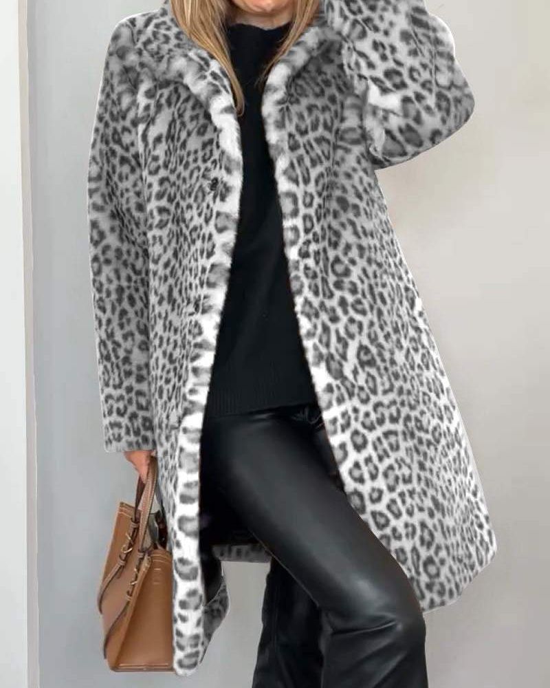 Abrigo para mujer con estampado de leopardo, suave, cuello de solapa y botones